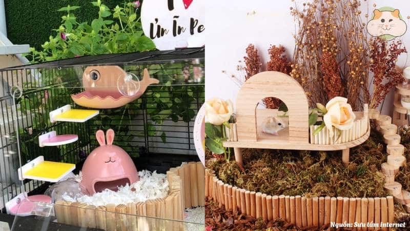 Lồng Hamster trang trí bằng cỏ khô và đá tự nhiên